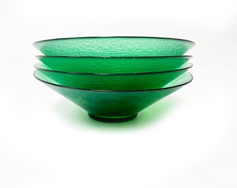 Mid Century Modern Angular Textured Emerald Green Art Glass Bowls - 4 Pieces