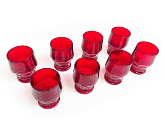 Vintage Mid Century Viking Glass Georgian Ruby Red Honeycomb Heavy Pressed Glass Barware Cups - 8 Pieces