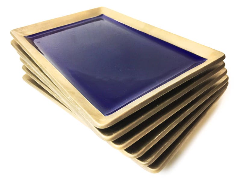 Vintage midcentury set of 6 authentic Japanese large and heavy hand made ceramic sushi plates.