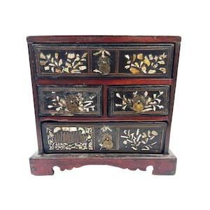 Antique Korean Mother of Pearl inlaid Lacquer Wood Jewelry Chest