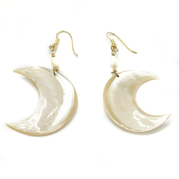 1990's Vintage Pearlescent Shell Crescent Moon Shaped Dangle Earrings