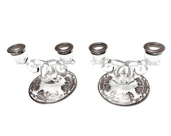 Mid Century Fostoria Baroque Cut Glass, Silver Plate Floral Overlay Double Arm Candlestick Holders - A Pair