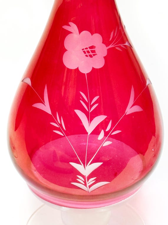 1950s Cranberry Cut-to-clear Etched Floral Crystal, Hand Blown