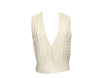 70er Retro Wollseil Strick, Deep V Ivory Pullover Weste