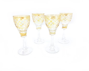Vintage Set of 4 Stunning Hand Crafted Golden Yellow Crystal Cut Mini Goblets / Aperitif Cordial Glasses.