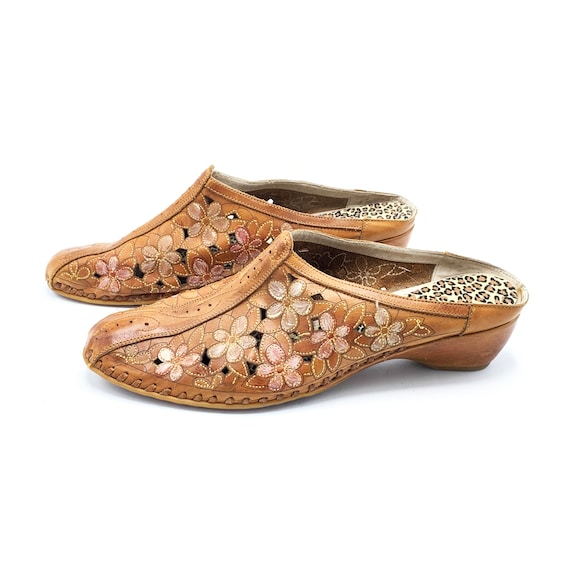 Vintage Pikolinos Eco-friendly Floral Tan Leather Heel Sliders