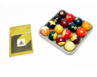 Art Deco Bakelite Pool Balls, Complete Set w/ Billiard Congress of America 1970 Official Rule Book - 16 Pieces