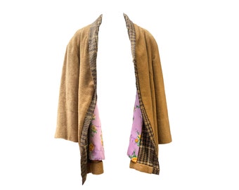 Vintage Mid-Century Couture Beige and Houndstooth Plaid Wool Top Coat