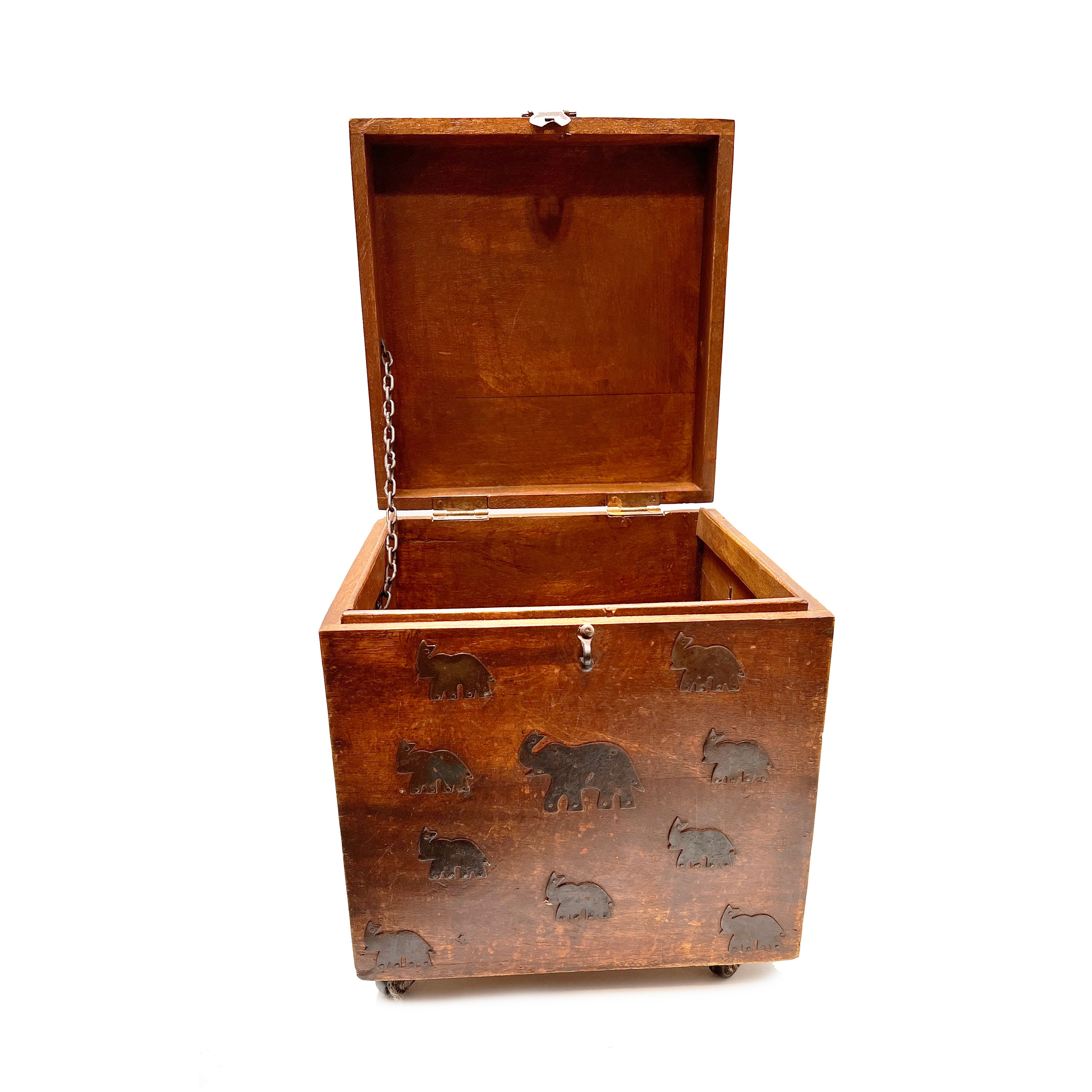 Vintage Wooden Storage Box on Wheels With Metal Elephant
