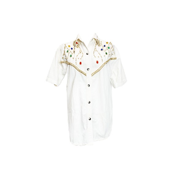 80's/90's Rodeo Glam White Denim Blinged Out Top - image 1