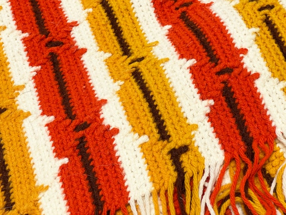 レトロ 1970 年代 大型 ハンドメイド カラフル ストライプ フリンジ