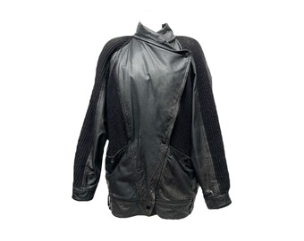 80's TOGETHER! Black Genuine Leather & Chunky Rib Knit Jacket - Etsy
