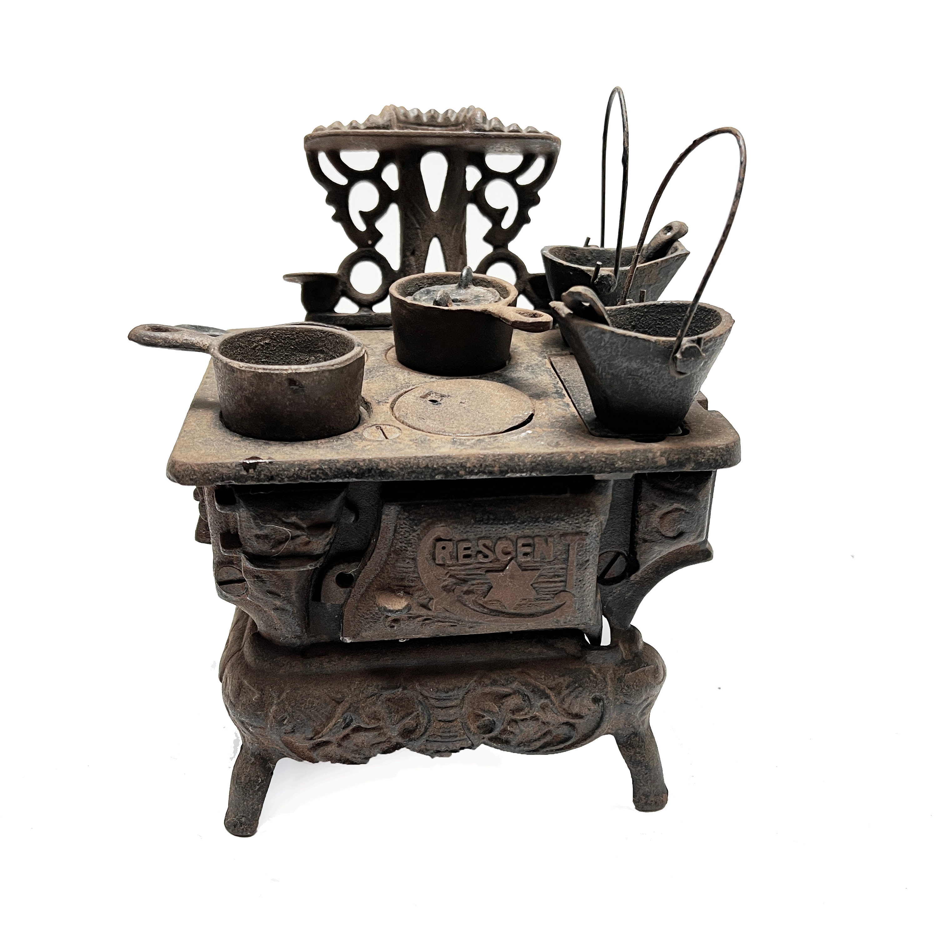 CRESCENT CAST IRON STOVE TOY MINIATURE w/ ACCESSORIES