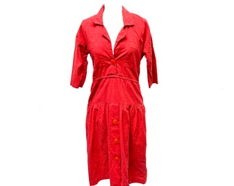 70s/80s Red Cotton Button Up Shirt Dress