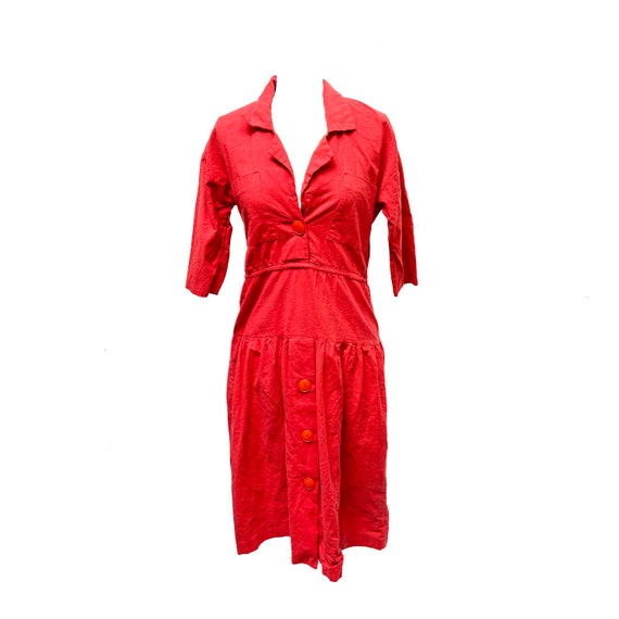 70s/80s Red Cotton Button Up Shirt Dress - image 1
