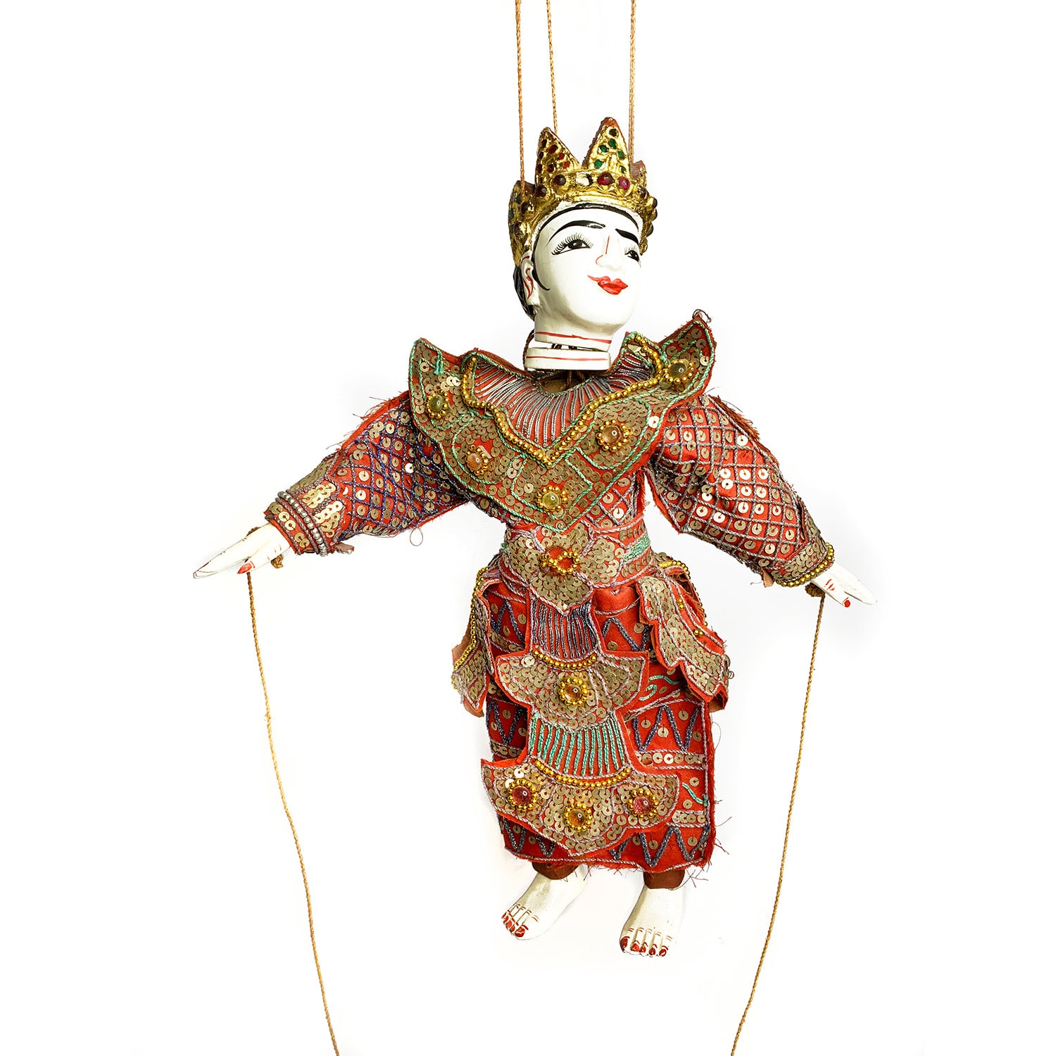 Ancienne Marionnette à Gaine Femme - Bois Sculpté, Fin XIXème, Tissu D'origine (état D'usage)