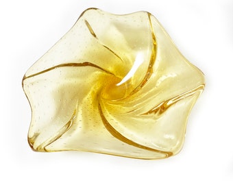 Vintage Mid-Century Modern Hand Blown Freeform Art Glass Amber Dish W/ Bubble Details