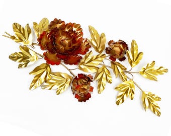1970's Mid Century 3D Floral and Gold Leaves Wall Art