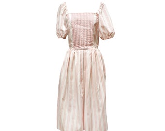 1980's Patty ÓNeil Prairie Chic Pink and White Striped Puff Sleeve Corset Dress