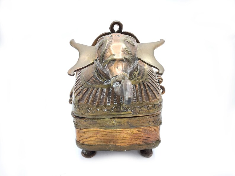 Mid-Century Vintage Dhokra Solid Copper Metal Ornate Elephant Shaped Trinket Box