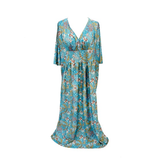 1960's Lady Jamille Polyester Teal & Brass Floral… - image 1