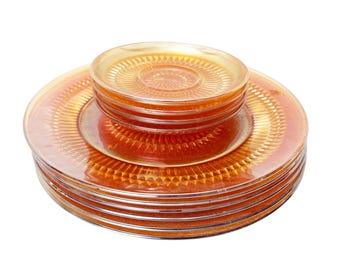 Mid Century Jeanette Glass Iridescent Marigold Anniversary Pattern Carnival Glass Plates - 10 Pieces