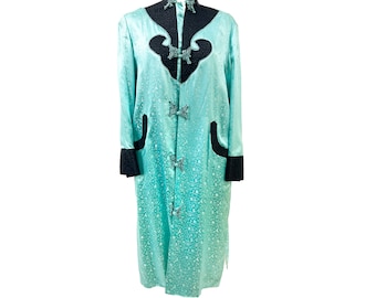 Vintage Couture seda azul y negro Chinoiserie Duster chaqueta / bata