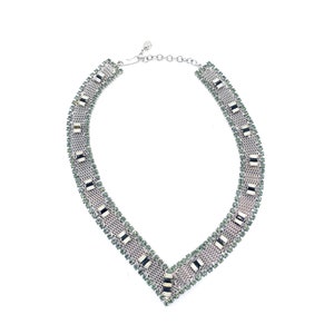 Vintage Strass Überzogene Silber Mesh Kette V-Choker