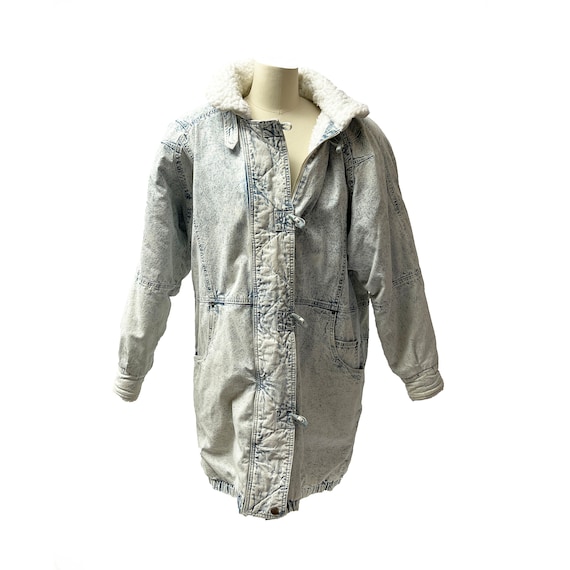 90's Andy Johns Acid Wash Denim & Sherpa Long Jacket Coat - Medium