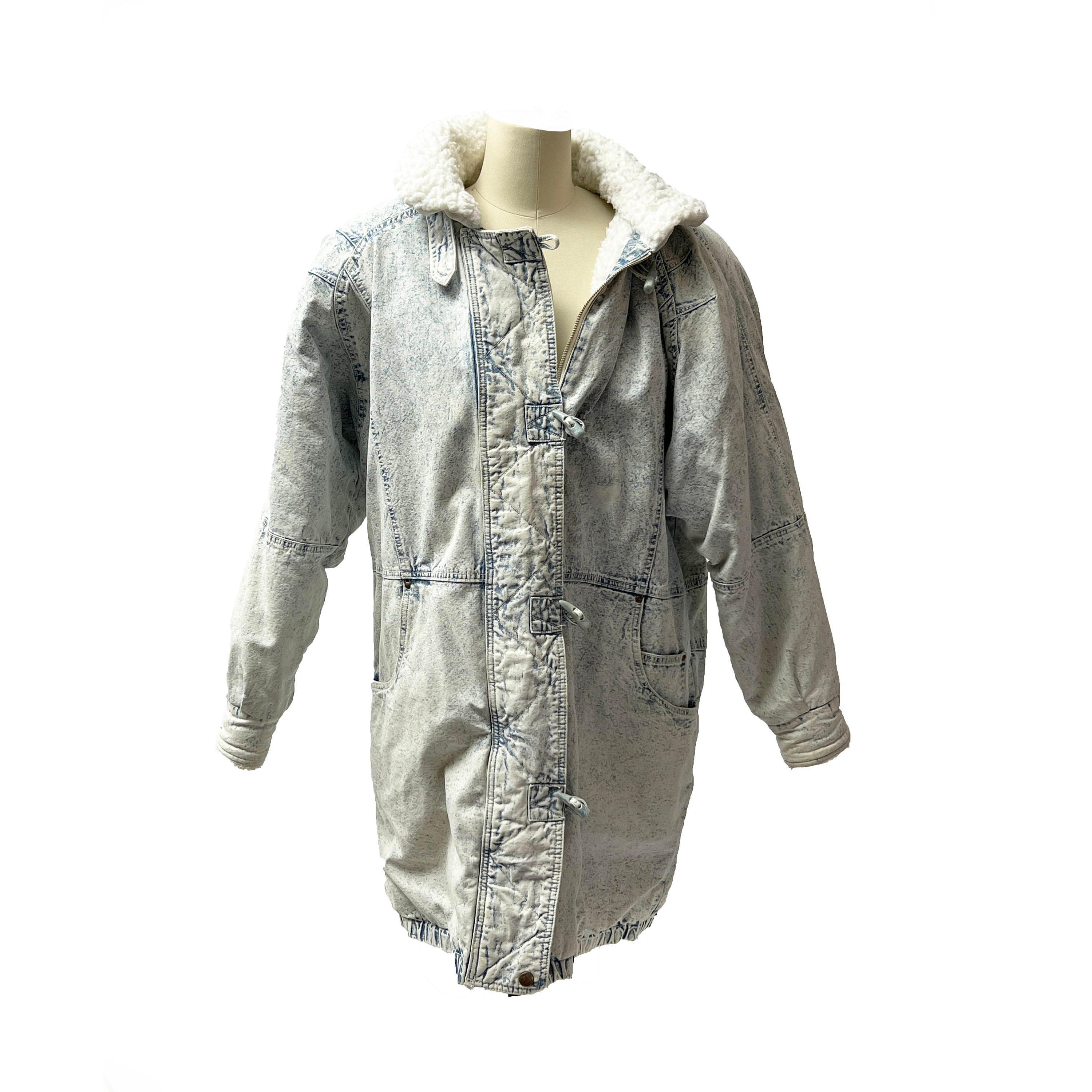 90's Andy Johns Acid Wash Denim & Sherpa Long Jacket Coat - Medium 90's Andy Johns Acid Wash Denim & Sherpa Long Jacket Coat - Medium
