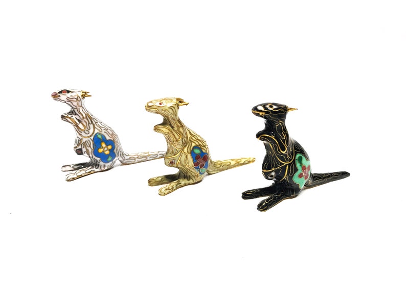 Vintage mid century set of 3 hand crafted Cloisonn\u00e9 mini kangaroo figurines