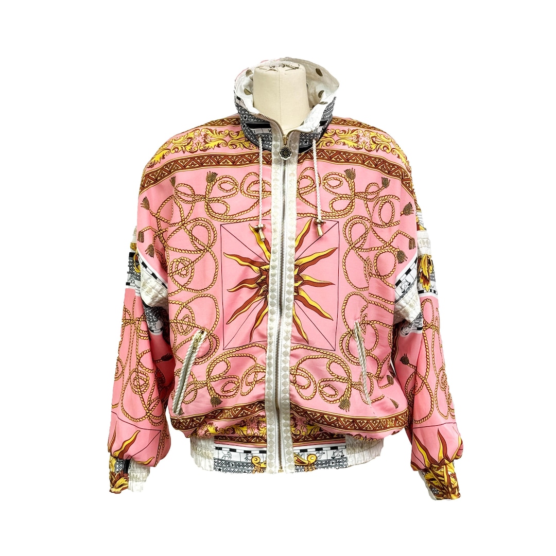 Vintage 80s John Weitz Satin Bomber – Pink & Gold Baroque Scarf Vintage 80s John Weitz Satin Bomber – Pink & Gold Baroque Scarf