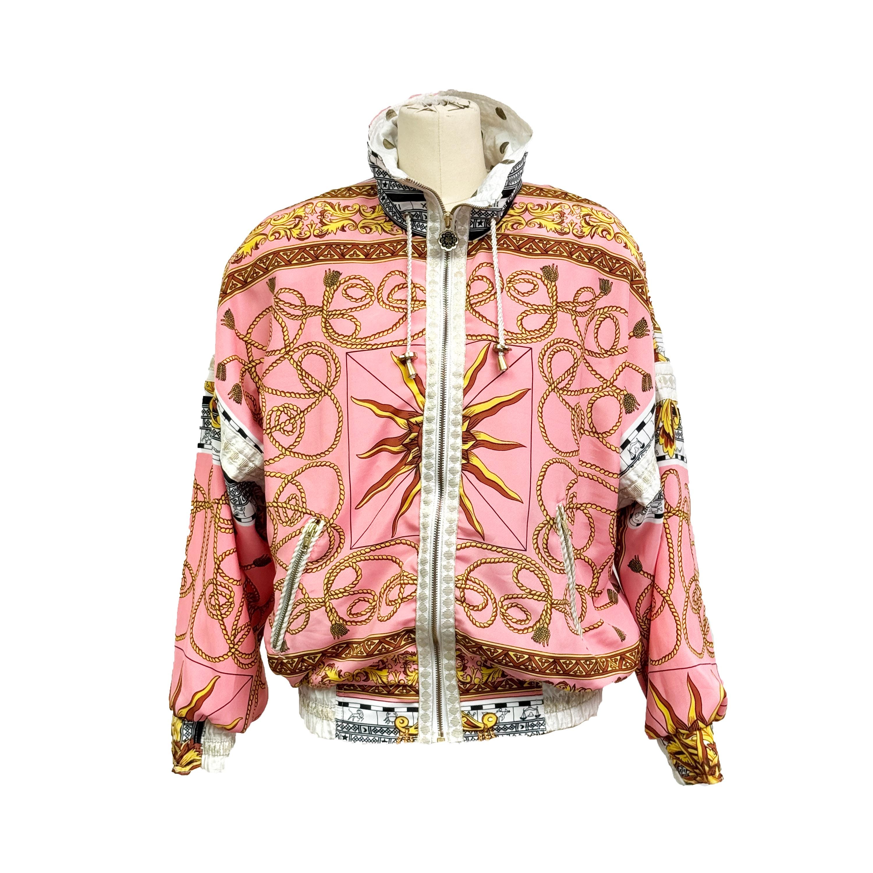 Vintage 80s John Weitz Satin Bomber – Pink & Gold Baroque Scarf