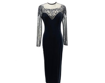 Vintage Tom Barra Elegant Glam Black Velvet & Mesh Evening Gown