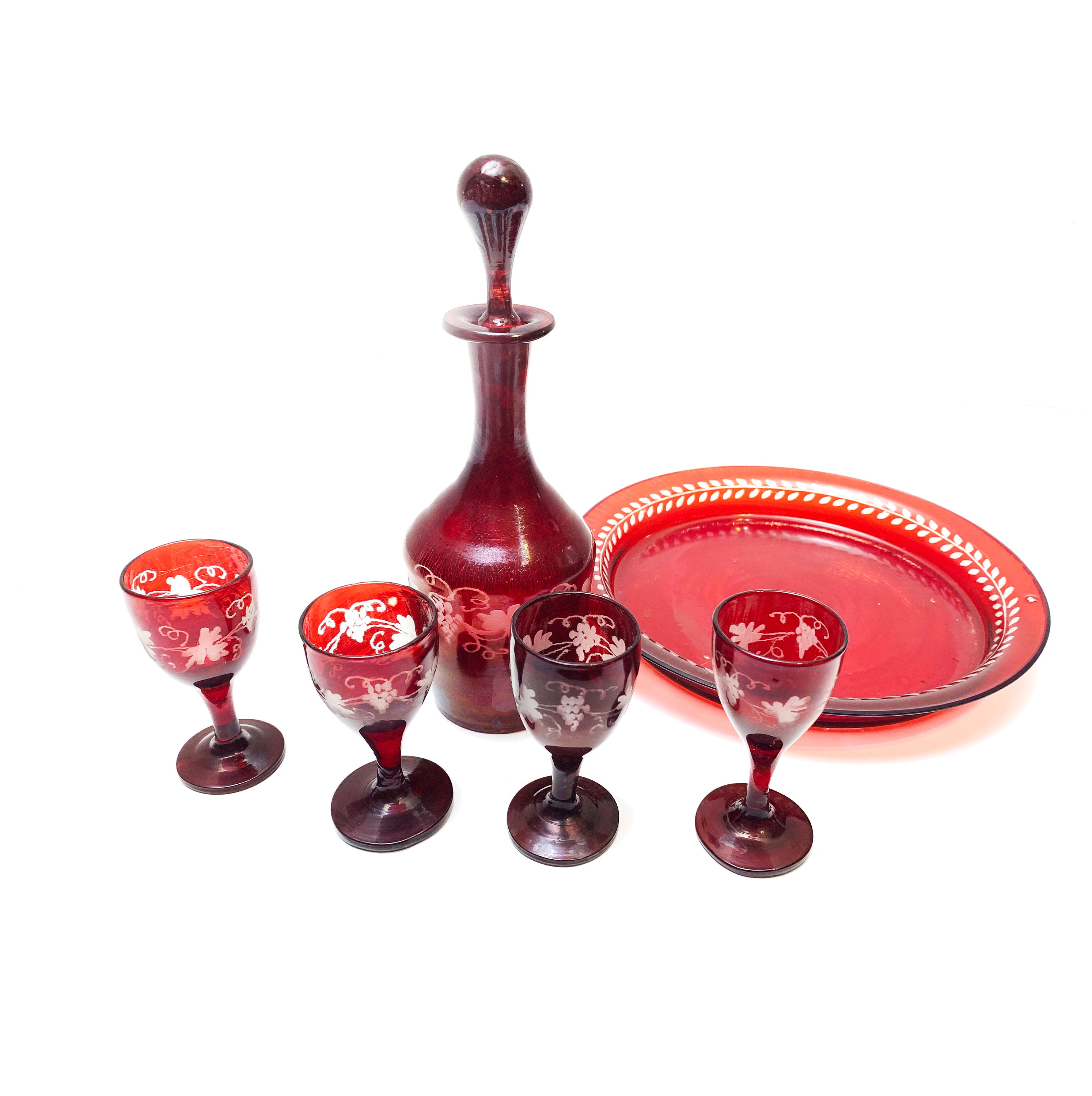 Mid-century Etched Grape Vine Hand Blown Glass Decanter Serving Set - 6 ...