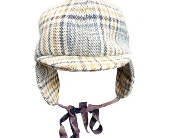 Chapeau d’aviateur en laine à carreaux du milieu du siècle des années 60