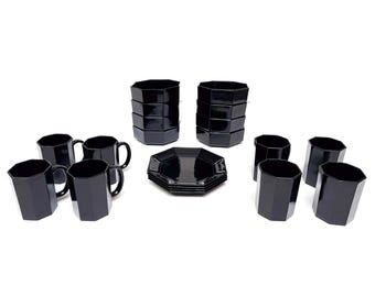 Vintage Arcoroc French Octagon Shaped Black Mod Serving Set - 20 Pieces