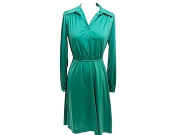 1970's Lady Blair Silky Green/Blue Belted Shirt Dress