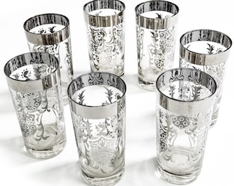 Vintage 1960s Mid Century Modern Kimiko Silver Knight Guardian Shield Highball Glasses – Set of 7