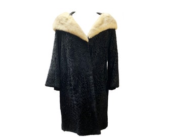 1950's HY Goodman Authentic Black Astrakhan Fur Coat With Mink Fur Collar