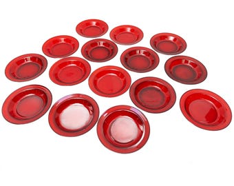 Mid-Century Modern Arcoroc Ruby Red French Large Glass Shallow Bowls- 15 Pieces