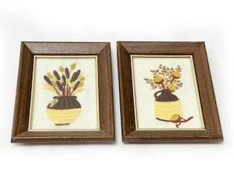 1970's Hand Stitched Crewel Embroidery Framed Artworks - Set of Two