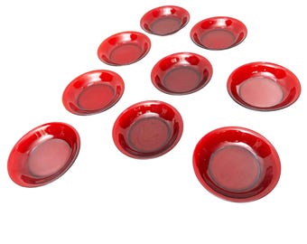 Mid-Century Modern Arcoroc Ruby Red French Glass Bowls- 9 Pieces