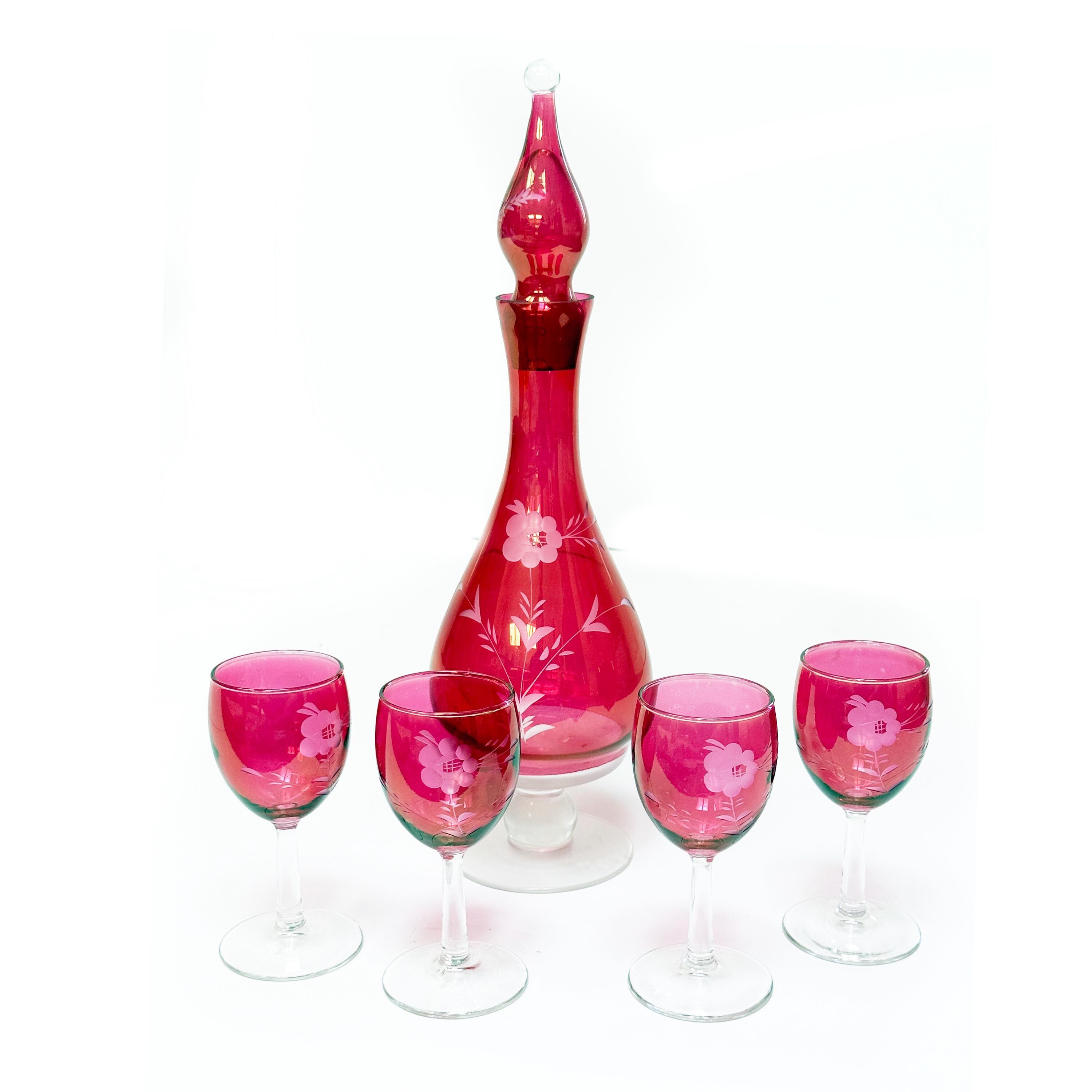 1950s Cranberry Cut-to-clear Etched Floral Crystal, Hand Blown