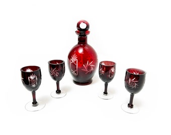 Mid-Century Bohemia Cut Crystal Ruby Red Etched Stemmed Cordial & Decanter Set - 5 Pieces