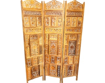 Antique, turn of the century, beautifully preserved Anglo Indian intricately hand carved three panel wooden screen