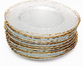 Vintage Mid Century 1950s Hammered Glass Salad Plates with gold Rims - 12 Pieces