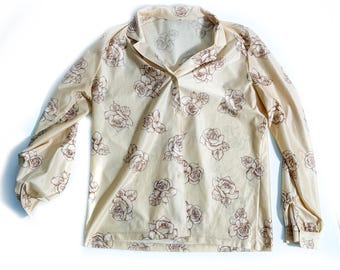 Vintage 1970s Rose Print Button Front Blouse - S