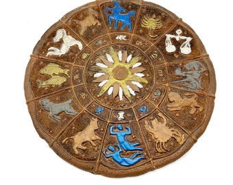 1970's Mid Century Ceramic, High Relief Zodiac Wheel Hanging Wall Sculpture