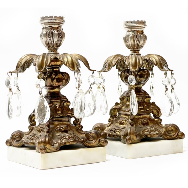 Hollywood Regency Opulent Italian Brass, Marble, and Crystal Candle Holders - A Pair